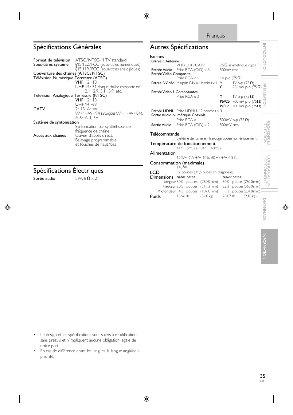 Spécifi cations générales, Spécifi cations électriques, Autres spécifi cations | Français | Sylvania LC320SL1 User Manual | Page 80 / 120