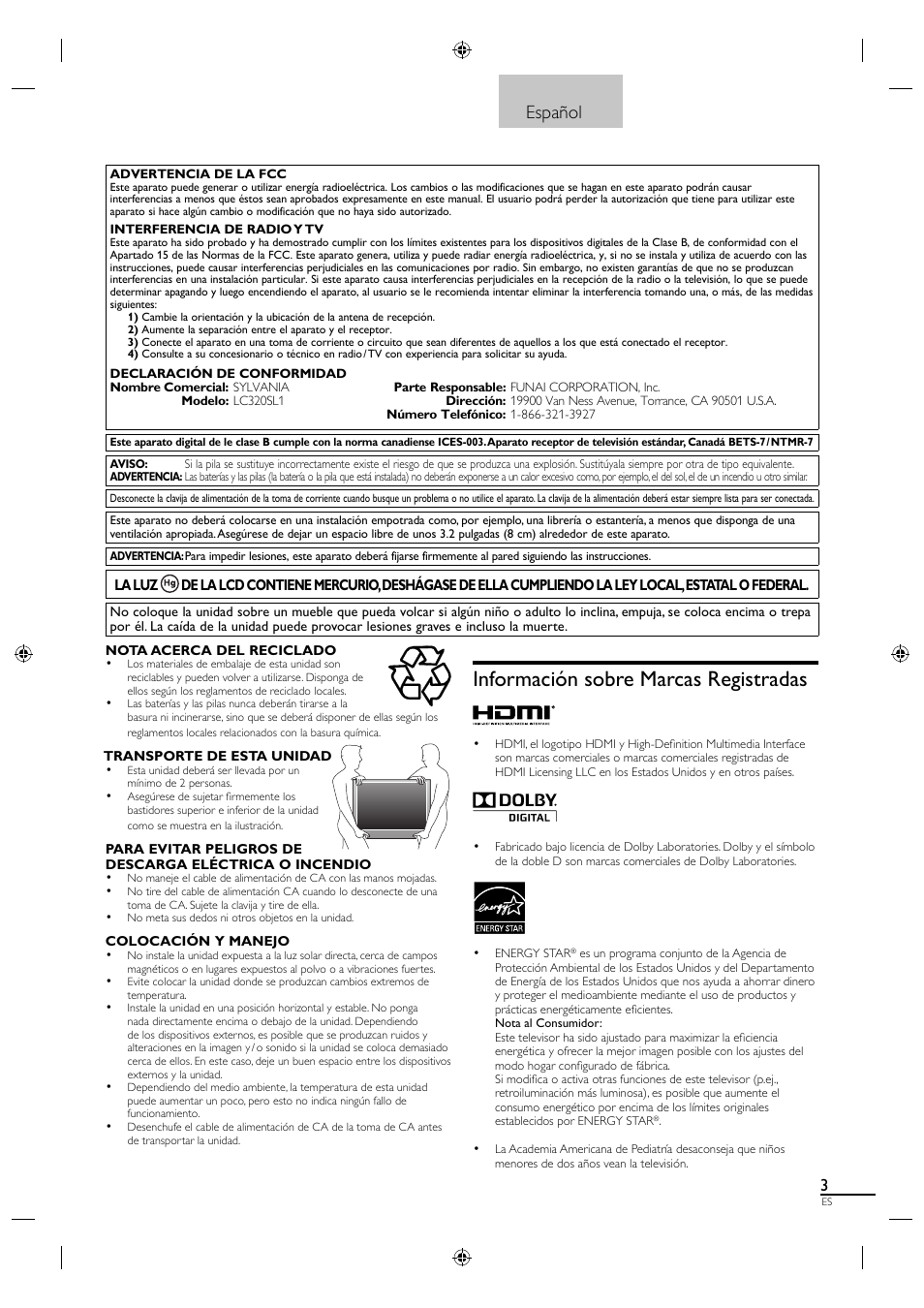 Información sobre marcas registradas, Español | Sylvania LC320SL1 User Manual | Page 85 / 120
