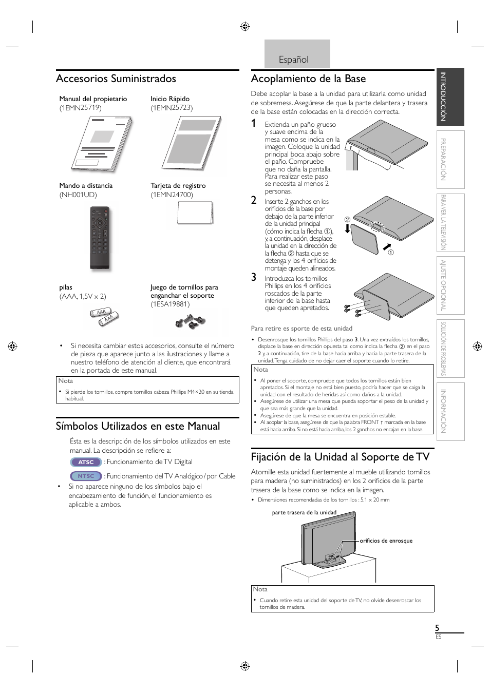 Accesorios suministrados, Símbolos utilizados en este manual, Acoplamiento de la base | Fijación de la unidad al soporte de tv, Español | Sylvania LC320SL1 User Manual | Page 87 / 120