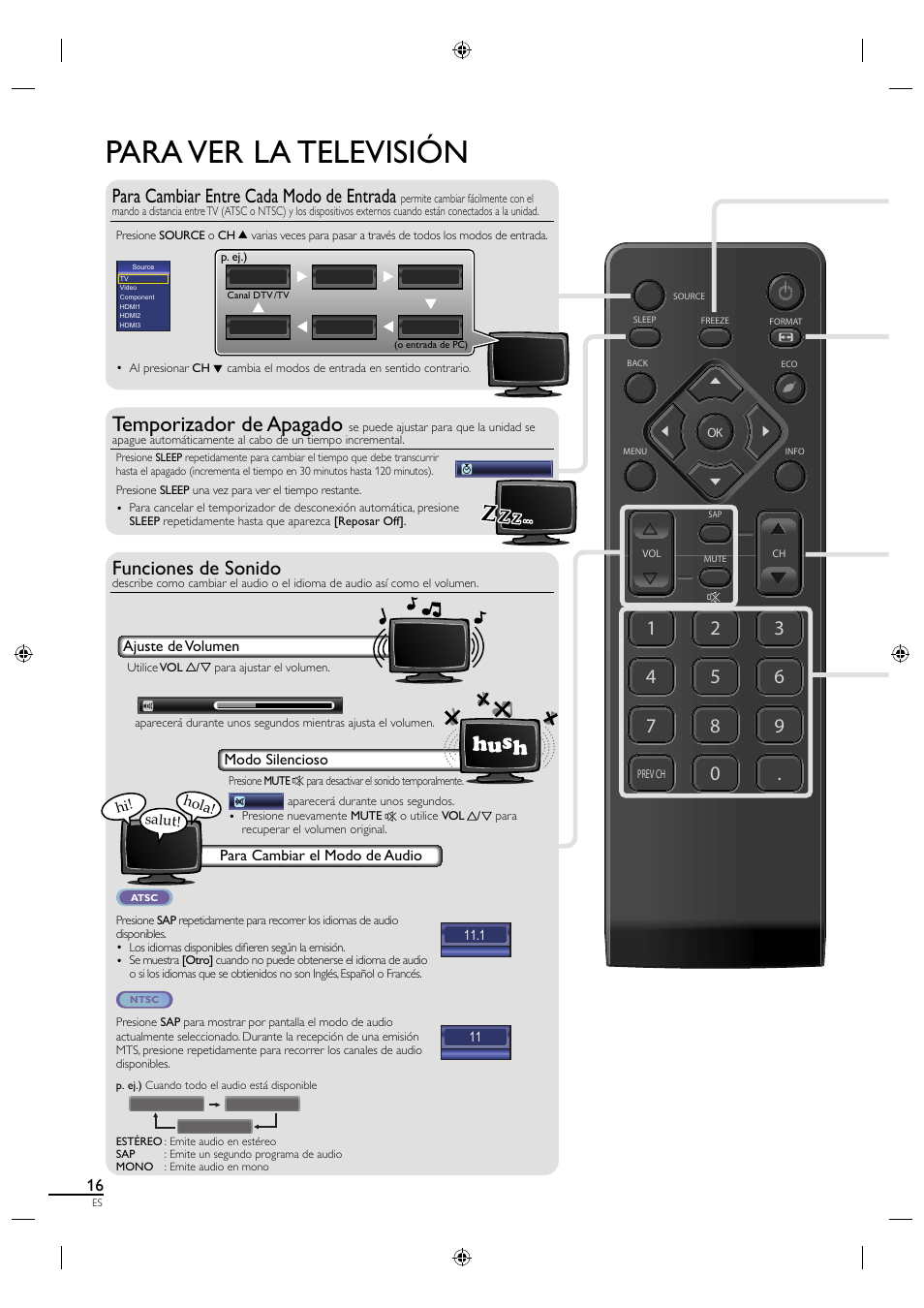 Para ver la televisión, Temporizador de apagado, Para cambiar entre cada modo de entrada | Funciones de sonido | Sylvania LC320SL1 User Manual | Page 98 / 120
