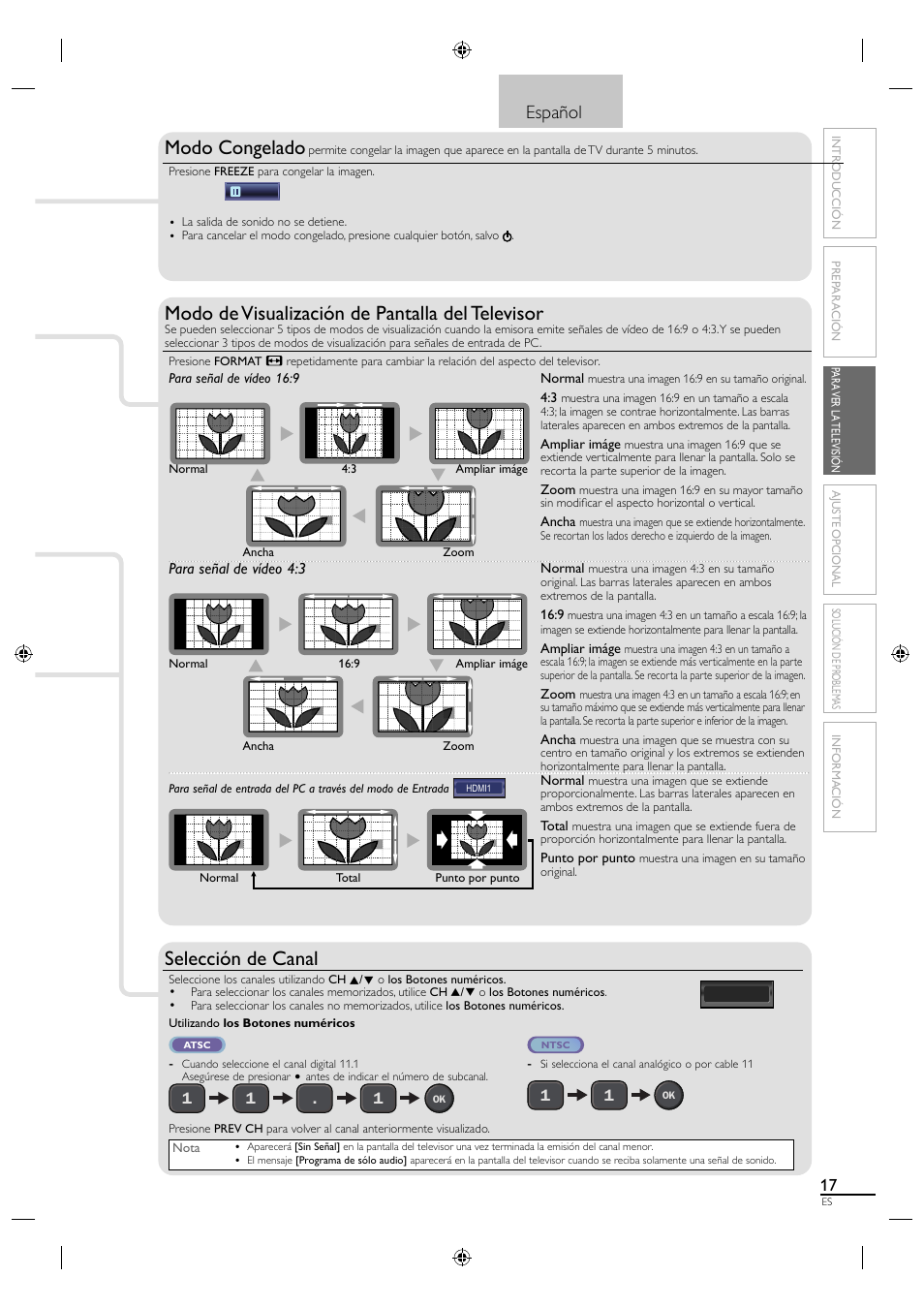 Modo congelado, Modo de visualización de pantalla del televisor, Selección de canal | Español | Sylvania LC320SL1 User Manual | Page 99 / 120