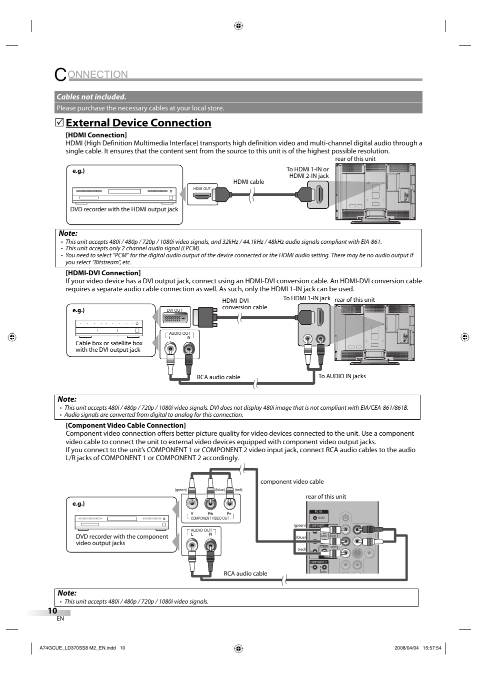 Onnection, External device connection, Cables not included | Sylvania LD370SS8 User Manual | Page 10 / 96