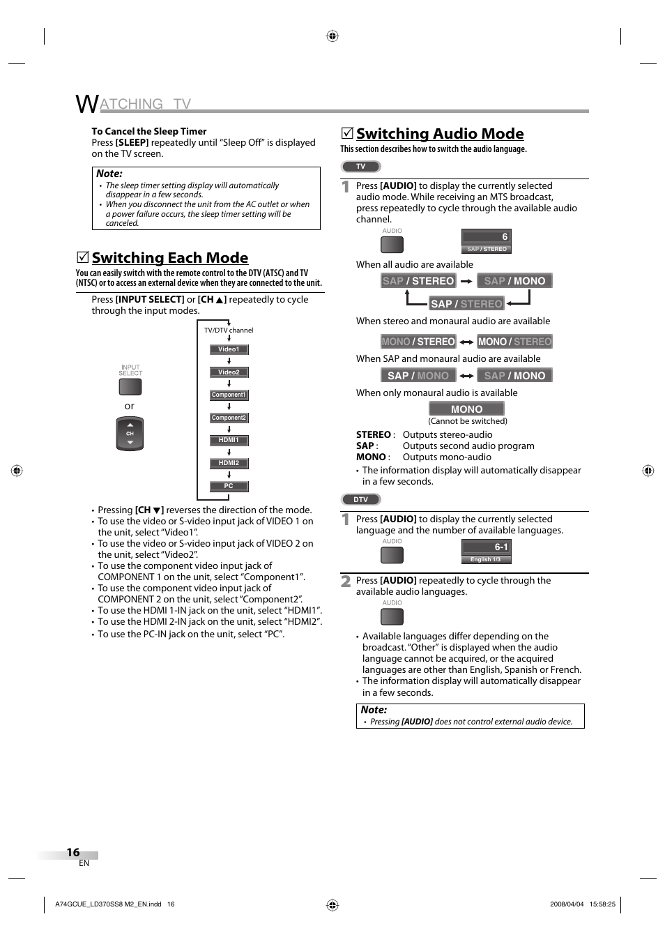 Atching tv, Switching each mode, Switching audio mode | Sylvania LD370SS8 User Manual | Page 16 / 96