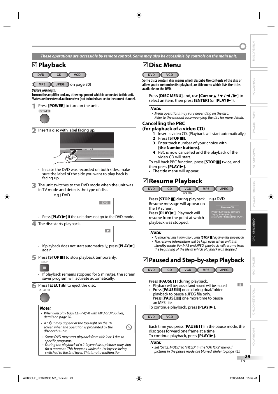 Playback, Disc menu, Resume playback | Paused and step-by-step playback | Sylvania LD370SS8 User Manual | Page 29 / 96