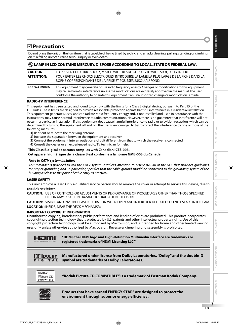 Precautions | Sylvania LD370SS8 User Manual | Page 3 / 96