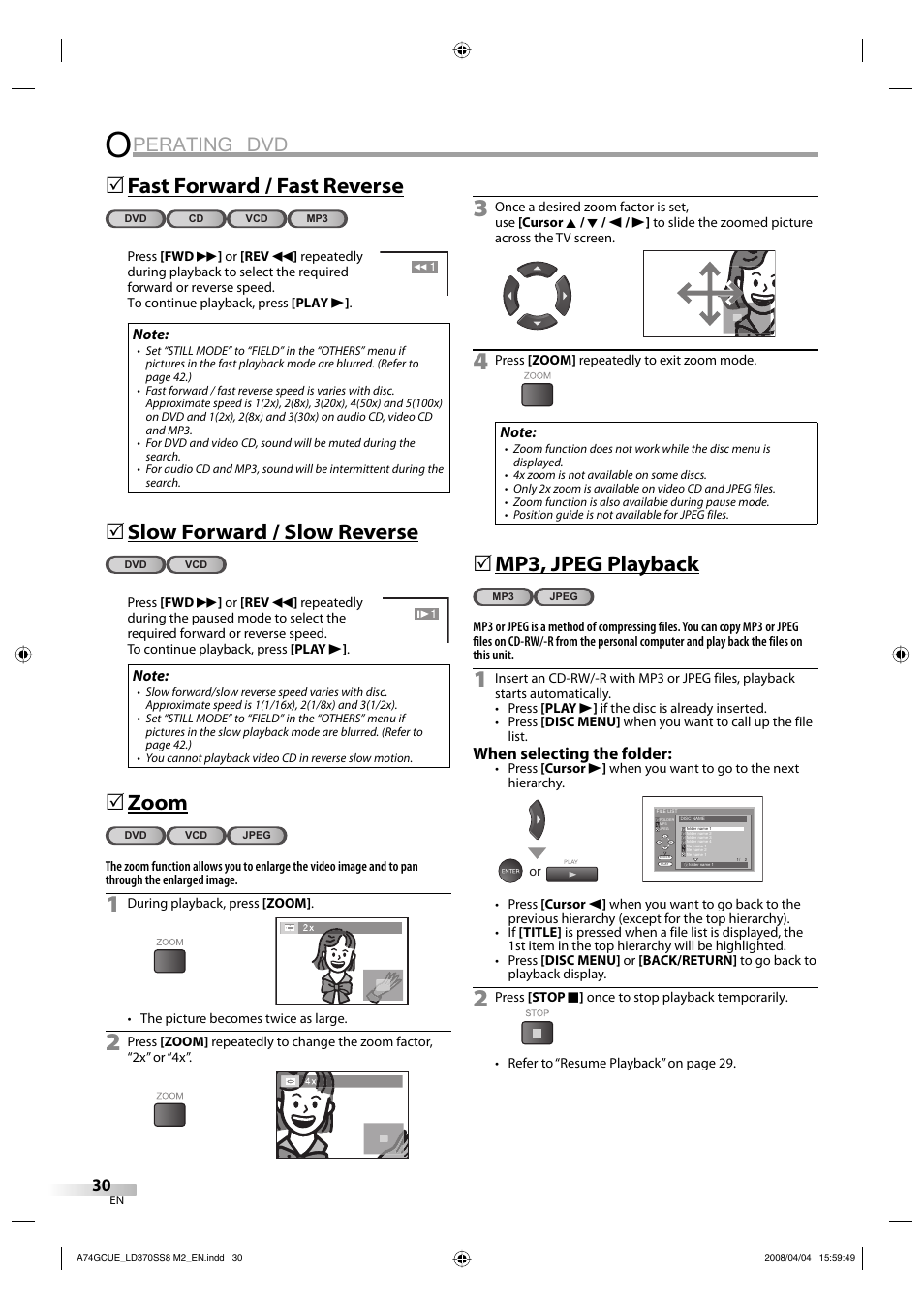 Perating dvd, Fast forward / fast reverse, Slow forward / slow reverse | Zoom, Mp3, jpeg playback, When selecting the folder | Sylvania LD370SS8 User Manual | Page 30 / 96