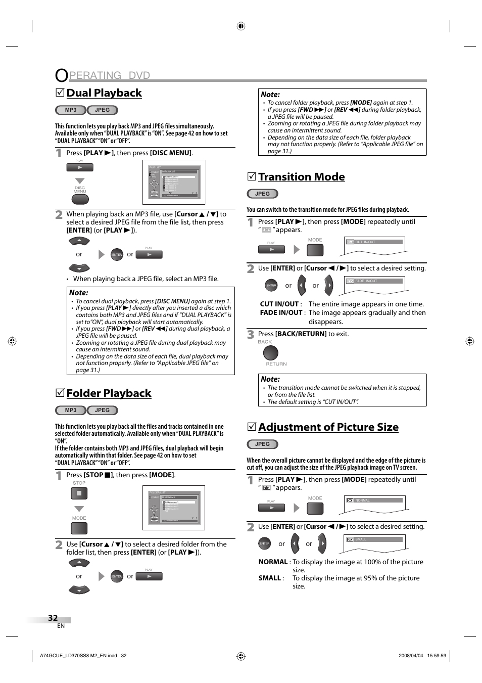 Perating dvd, Dual playback, Folder playback | Transition mode, Adjustment of picture size | Sylvania LD370SS8 User Manual | Page 32 / 96