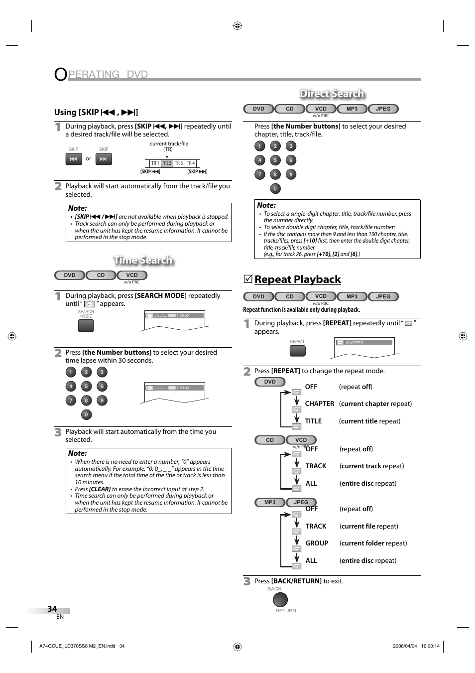 Perating dvd, Time search, Direct search | Repeat playback | Sylvania LD370SS8 User Manual | Page 34 / 96