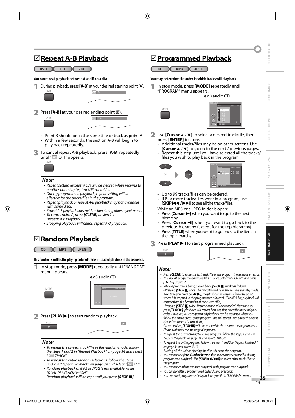 Repeat a-b playback, Random playback, 5programmed playback | Sylvania LD370SS8 User Manual | Page 35 / 96