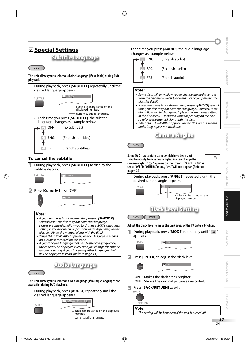 Audio language, Camera angles, Black level setting | Sylvania LD370SS8 User Manual | Page 37 / 96