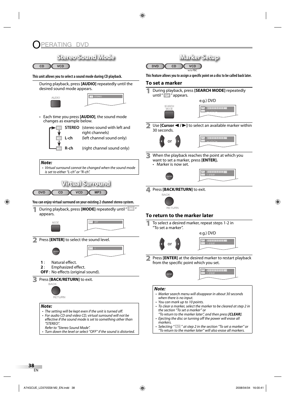 Perating dvd, Stereo sound mode, Virtual surround | Marker setup | Sylvania LD370SS8 User Manual | Page 38 / 96