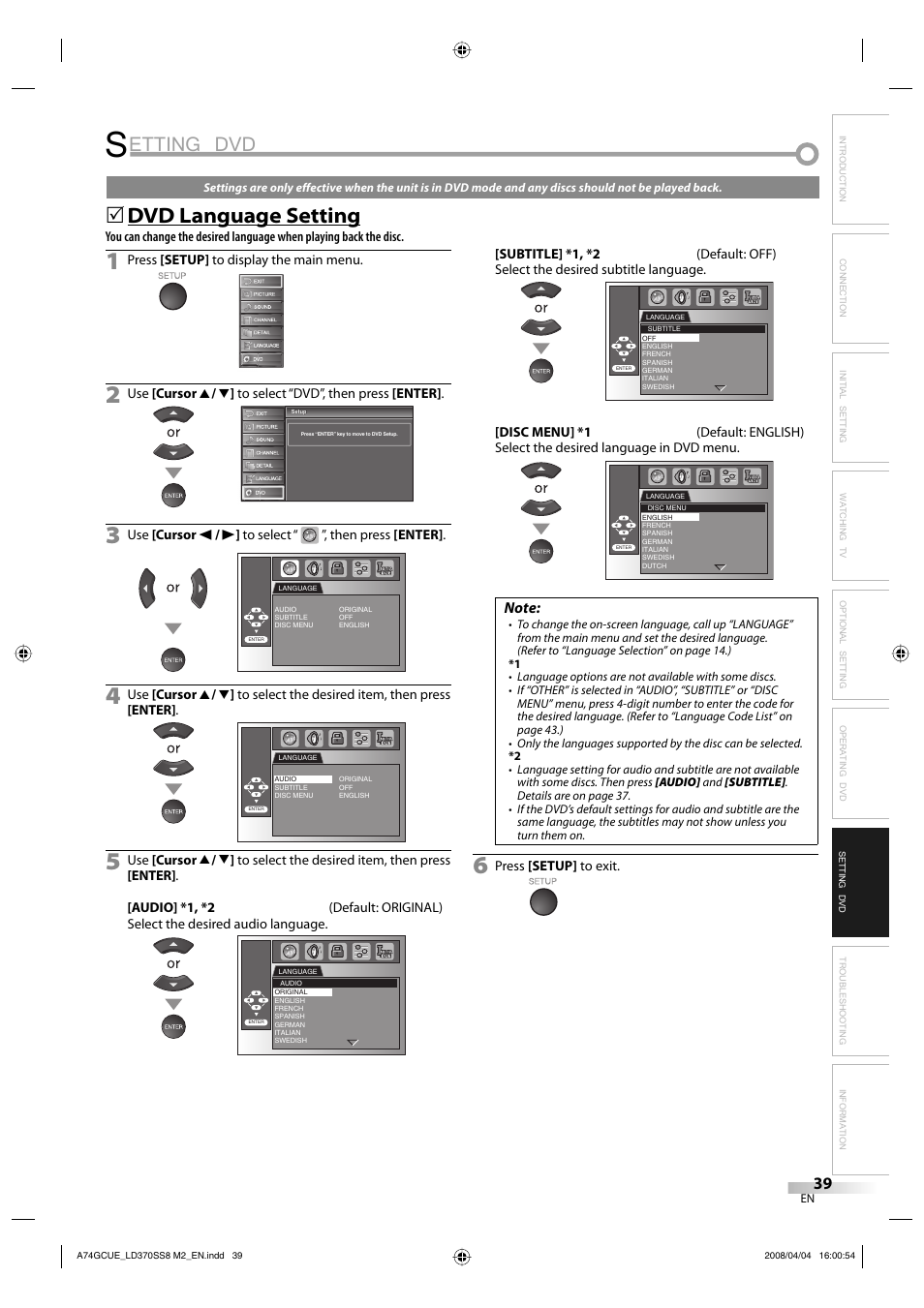 Etting dvd, Dvd language setting | Sylvania LD370SS8 User Manual | Page 39 / 96