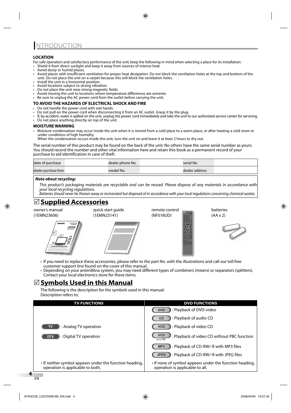 Ntroduction, Symbols used in this manual, Supplied accessories | Sylvania LD370SS8 User Manual | Page 4 / 96