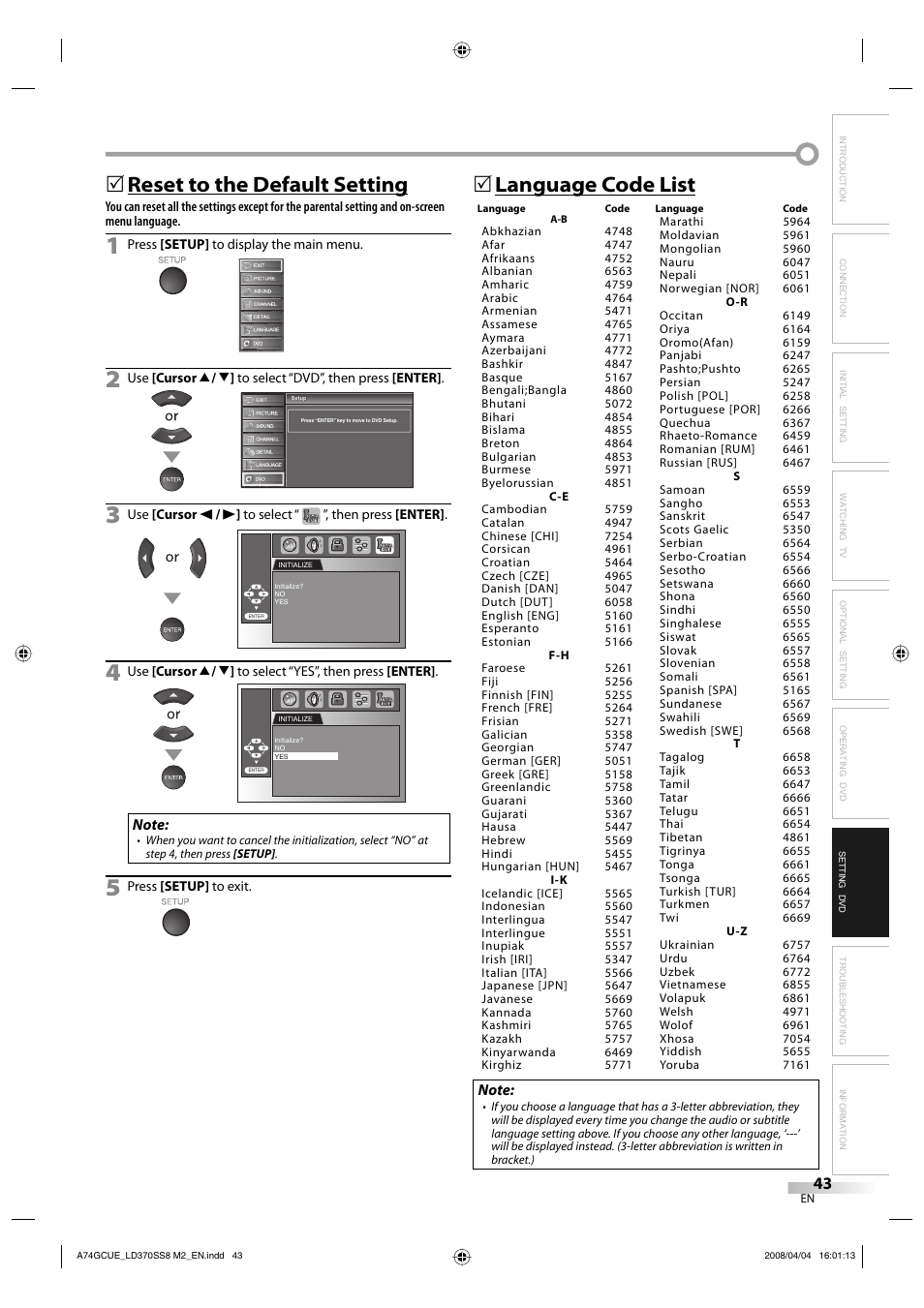 Language code list 5, Reset to the default setting 5 | Sylvania LD370SS8 User Manual | Page 43 / 96