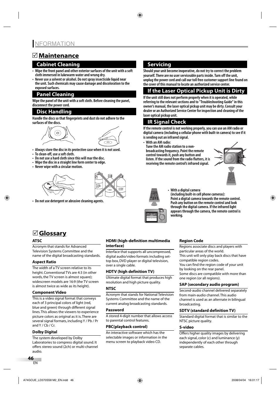 Nformation, Maintenance 5, Glossary 5 | Cabinet cleaning, Panel cleaning, Disc handling, Servicing, If the laser optical pickup unit is dirty, Ir signal check | Sylvania LD370SS8 User Manual | Page 46 / 96