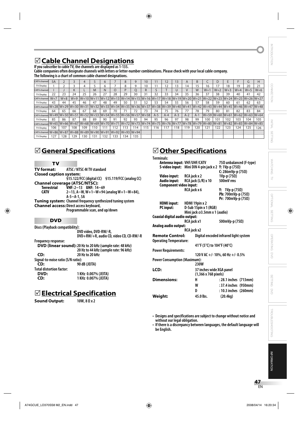 Electrical specification, 5other specifications | Sylvania LD370SS8 User Manual | Page 47 / 96