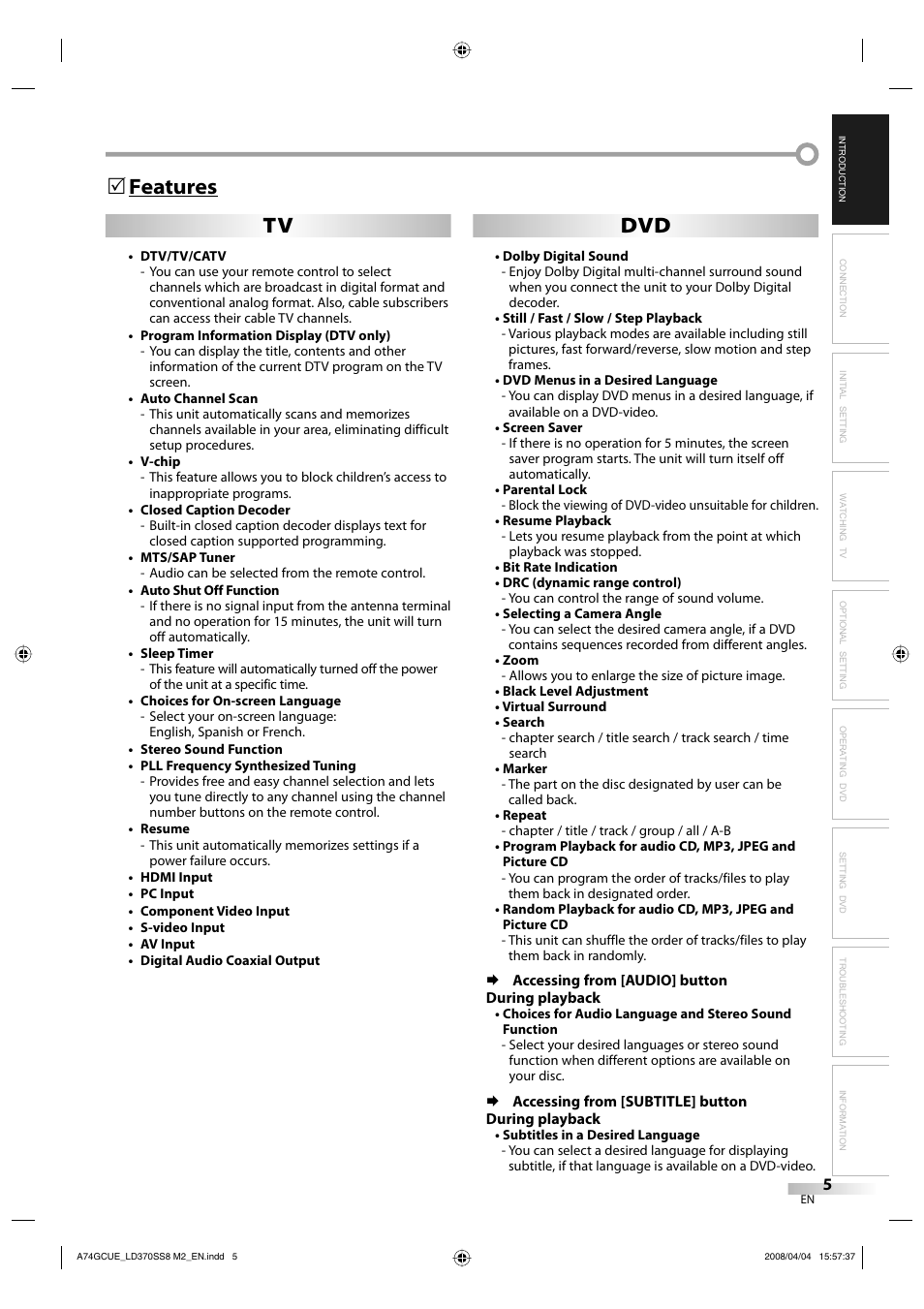 Tv dvd features 5 | Sylvania LD370SS8 User Manual | Page 5 / 96