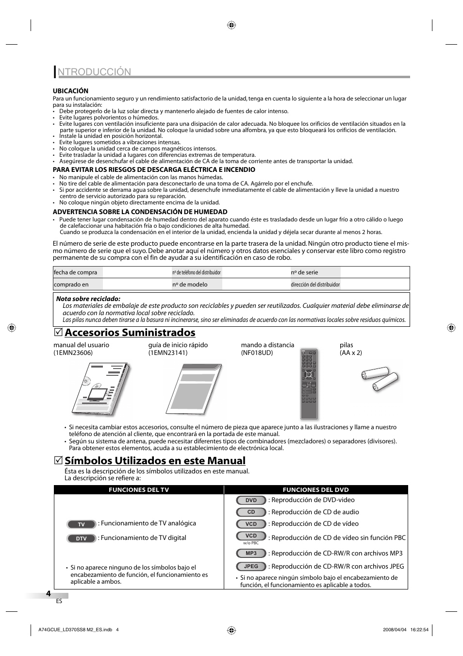 Ntroducción, Símbolos utilizados en este manual, Accesorios suministrados | Sylvania LD370SS8 User Manual | Page 52 / 96