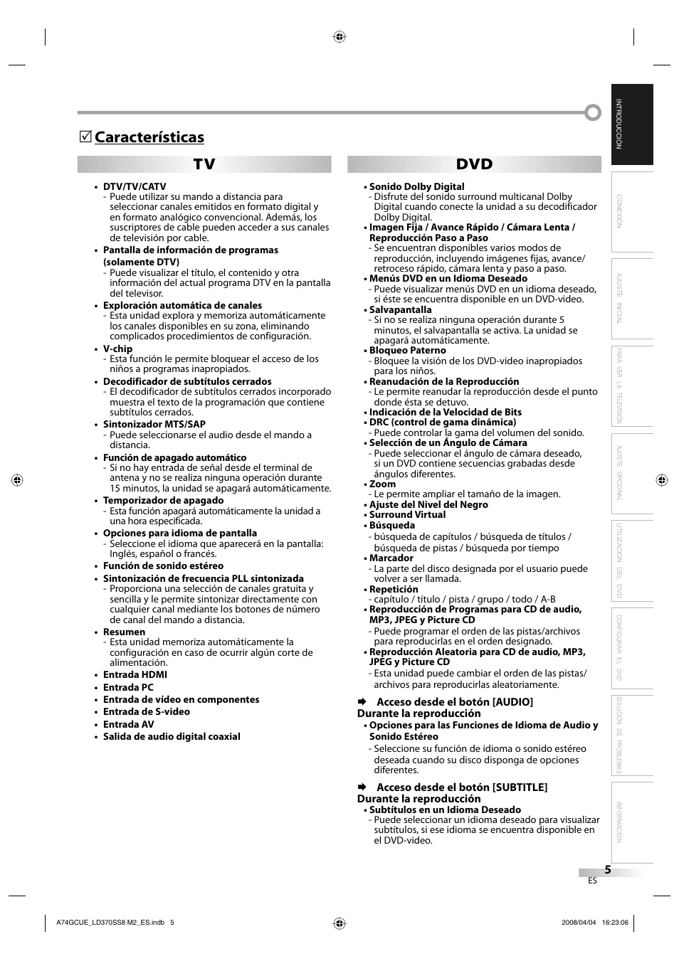 Características 5 tv dvd | Sylvania LD370SS8 User Manual | Page 53 / 96