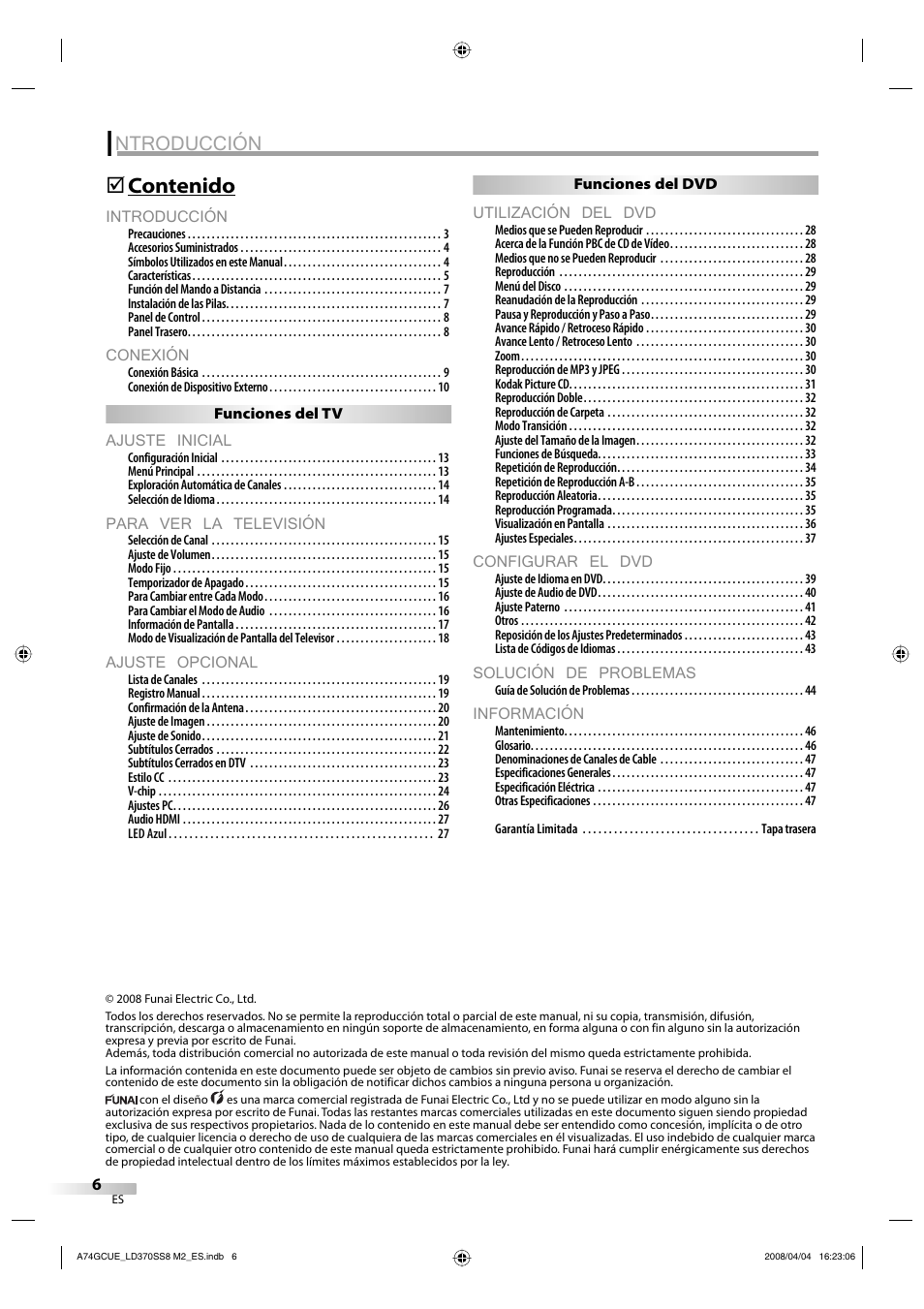 Ntroducción, Introducción, Conexión | Ajuste inicial, Para ver la televisión, Ajuste opcional, Utilización del dvd, Configurar el dvd, Solución de problemas, Información | Sylvania LD370SS8 User Manual | Page 54 / 96