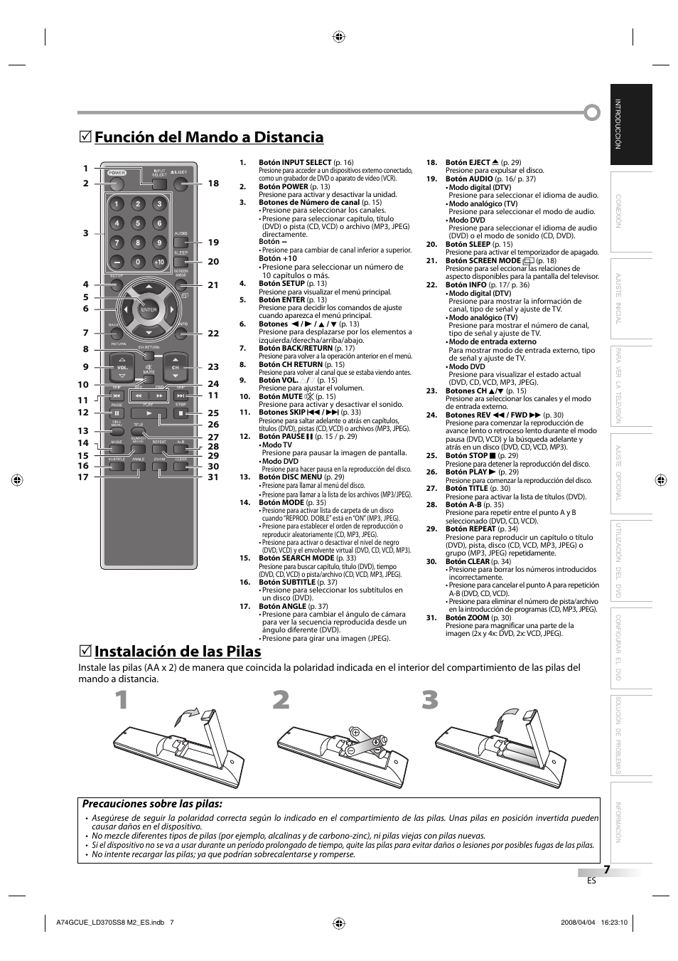 Función del mando a distancia 5, Instalación de las pilas, Precauciones sobre las pilas | Sylvania LD370SS8 User Manual | Page 55 / 96