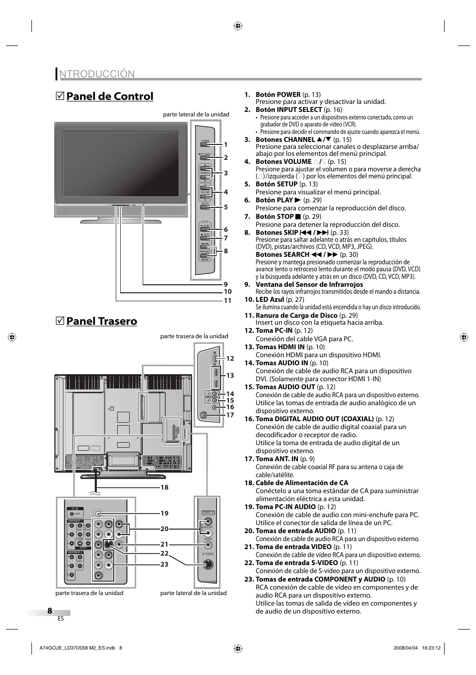 Ntroducción, Panel de control 5 panel trasero 5 | Sylvania LD370SS8 User Manual | Page 56 / 96