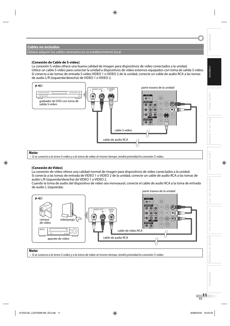 Nota, Cables no incluidos | Sylvania LD370SS8 User Manual | Page 59 / 96