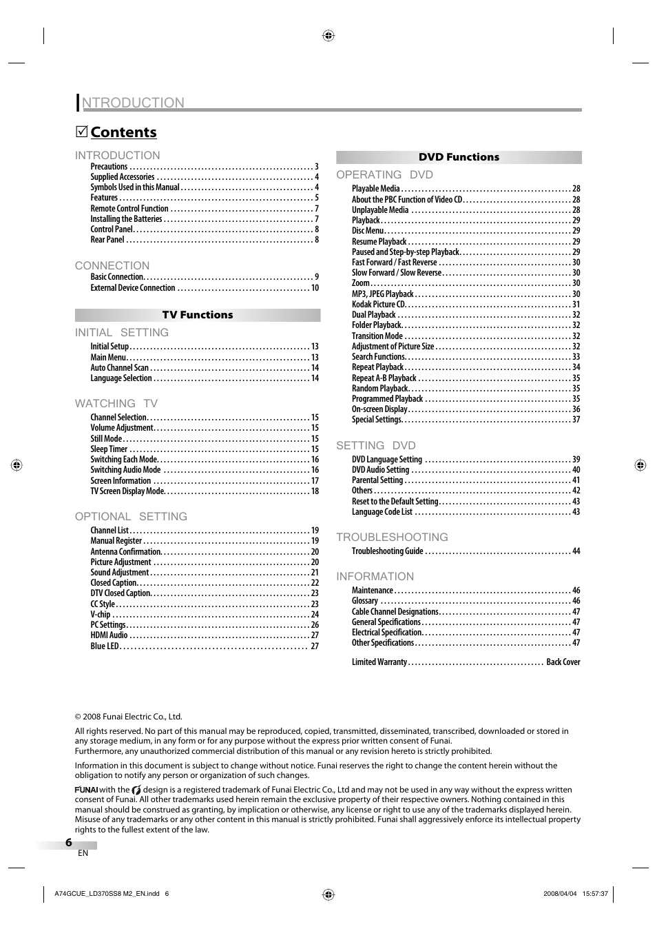 Ntroduction, Introduction, Connection | Initial setting, Watching tv, Optional setting, Operating dvd, Setting dvd, Troubleshooting, Information | Sylvania LD370SS8 User Manual | Page 6 / 96