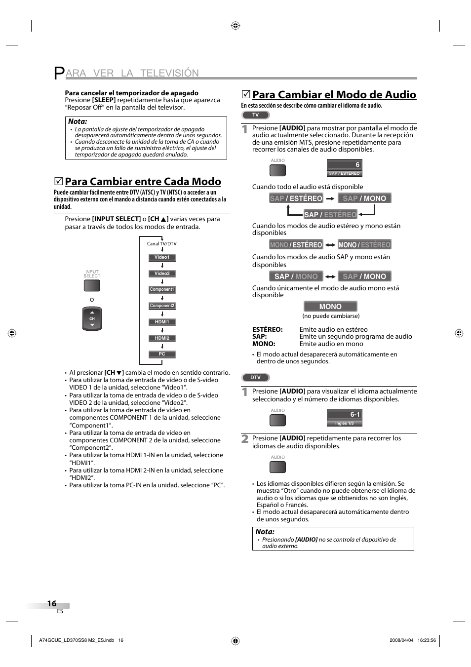 Ara ver la televisión, Para cambiar entre cada modo, Para cambiar el modo de audio | Sylvania LD370SS8 User Manual | Page 64 / 96