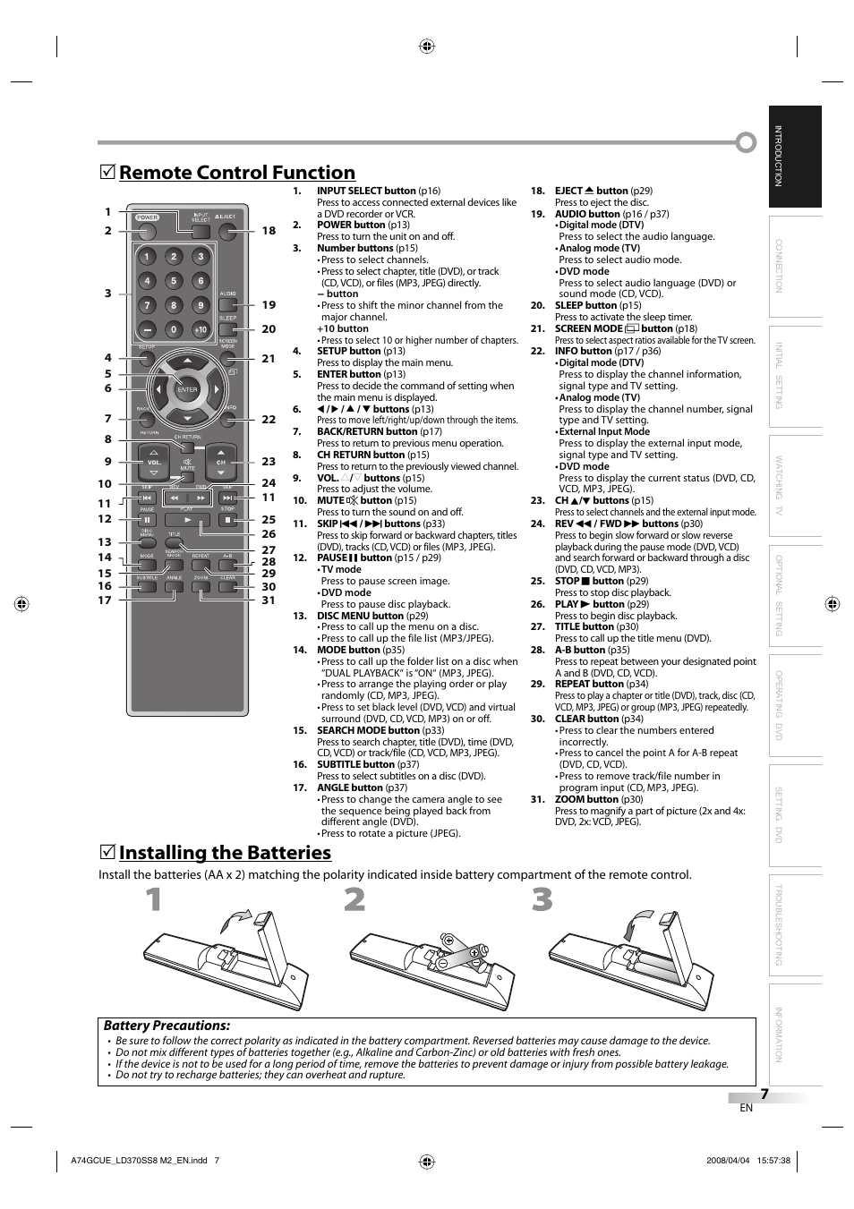 Remote control function 5, Installing the batteries, Battery precautions | Sylvania LD370SS8 User Manual | Page 7 / 96