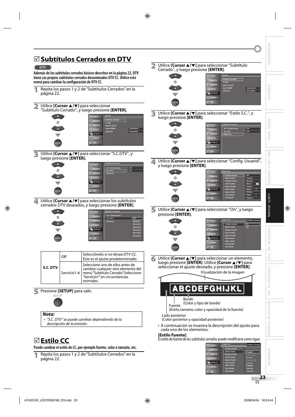 Subtítulos cerrados en dtv, Estilo cc, Nota | Presione [setup] para salir | Sylvania LD370SS8 User Manual | Page 71 / 96