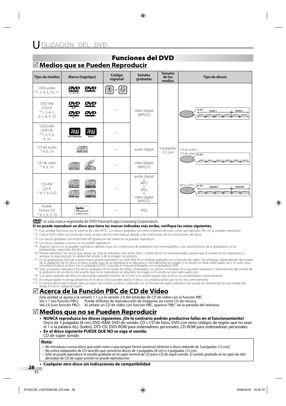 Tilización del dvd, Medios que se pueden reproducir, Acerca de la función pbc de cd de vídeo | Medios que no se pueden reproducir, Funciones del dvd, Nota | Sylvania LD370SS8 User Manual | Page 76 / 96