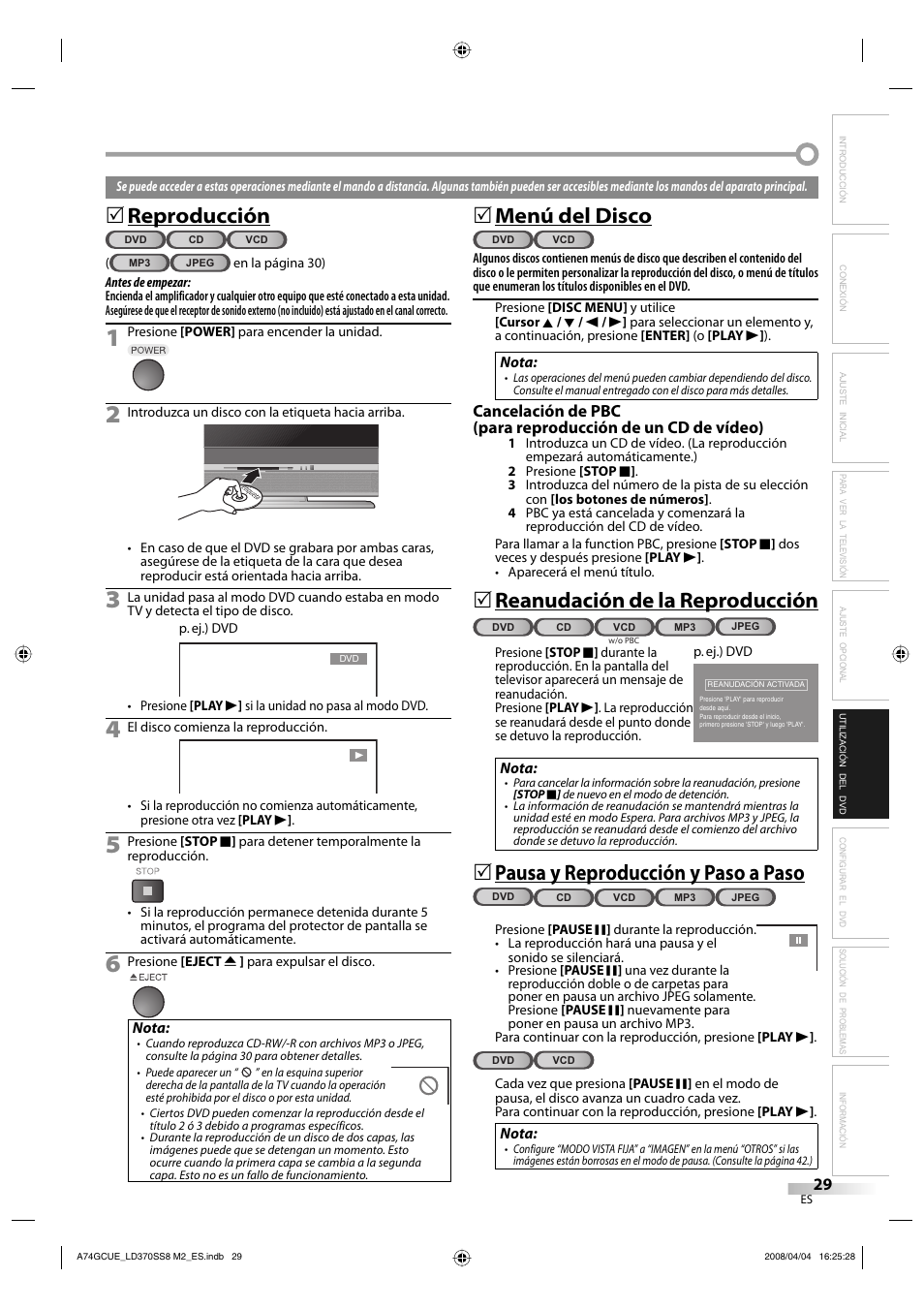 Reproducción, Menú del disco, Reanudación de la reproducción | Pausa y reproducción y paso a paso | Sylvania LD370SS8 User Manual | Page 77 / 96