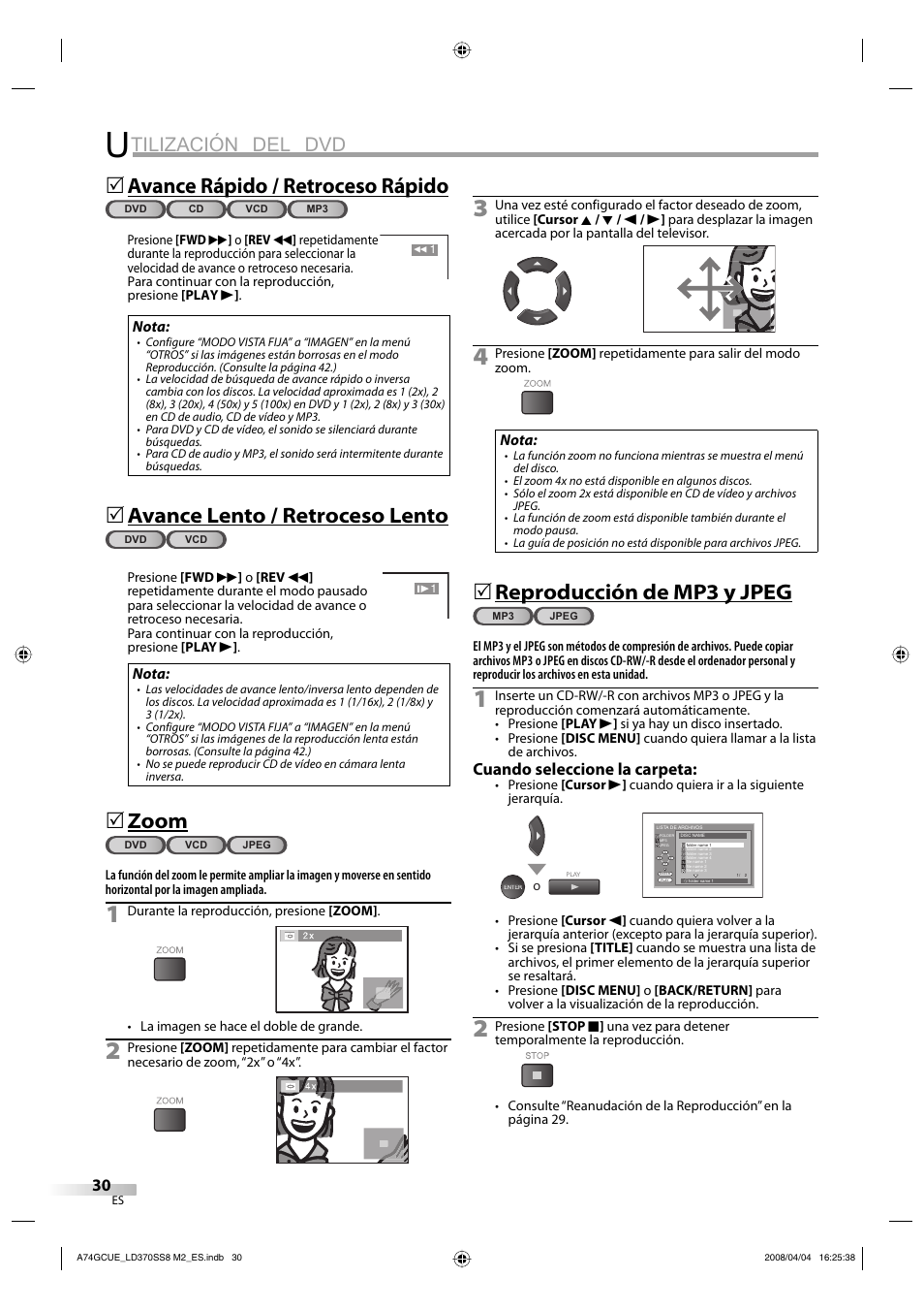 Tilización del dvd, Avance rápido / retroceso rápido, Avance lento / retroceso lento | Zoom, Reproducción de mp3 y jpeg, Cuando seleccione la carpeta | Sylvania LD370SS8 User Manual | Page 78 / 96