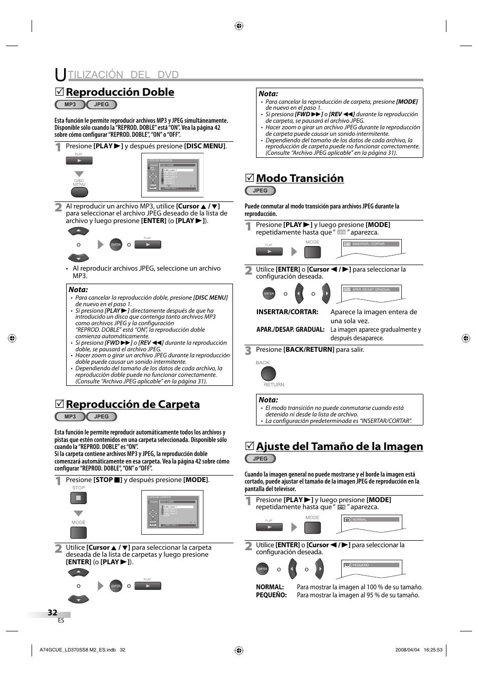 Tilización del dvd, Reproducción doble, Reproducción de carpeta | Modo transición, Ajuste del tamaño de la imagen | Sylvania LD370SS8 User Manual | Page 80 / 96