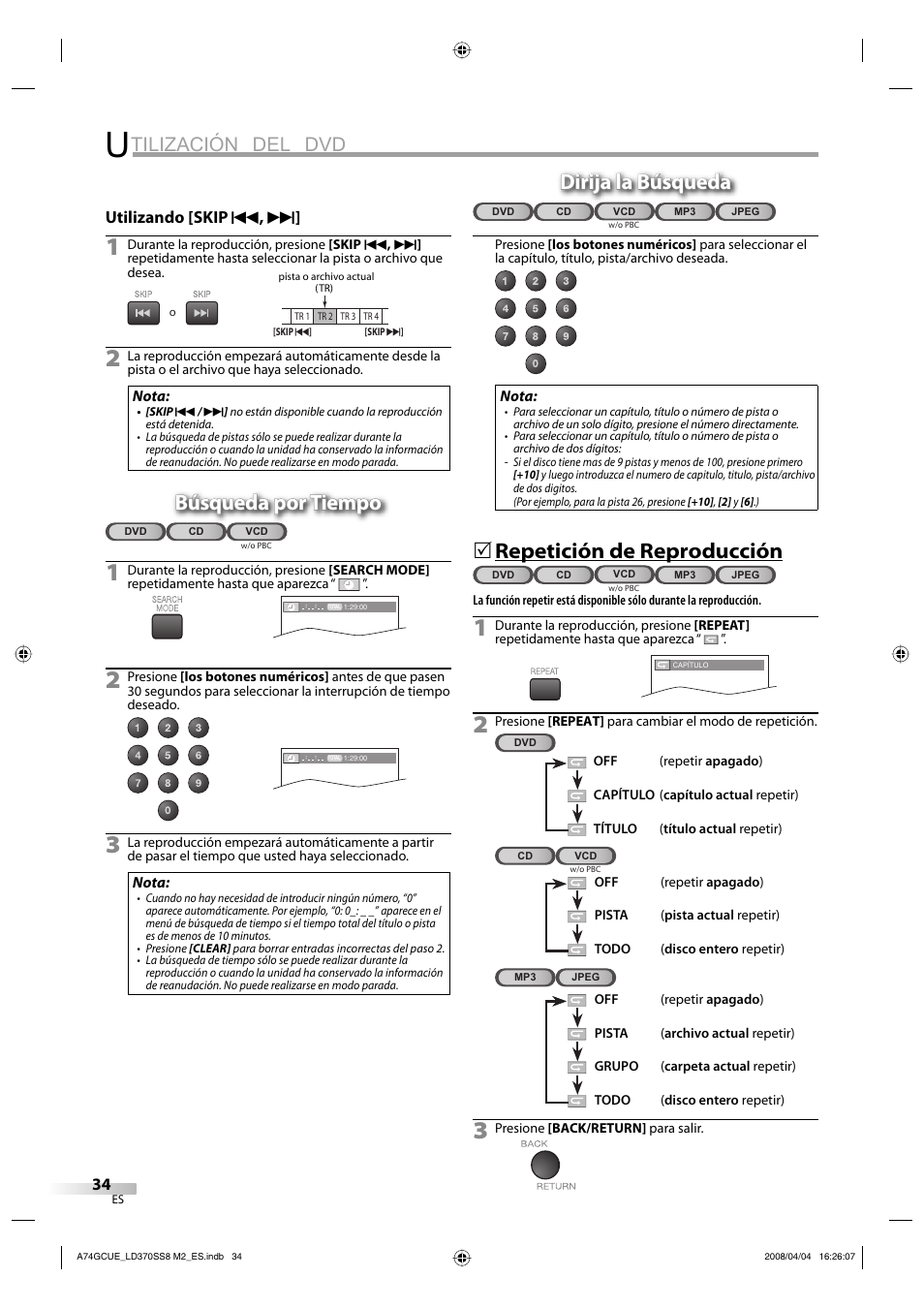 Tilización del dvd, Búsqueda por tiempo, Dirija la búsqueda | Repetición de reproducción | Sylvania LD370SS8 User Manual | Page 82 / 96