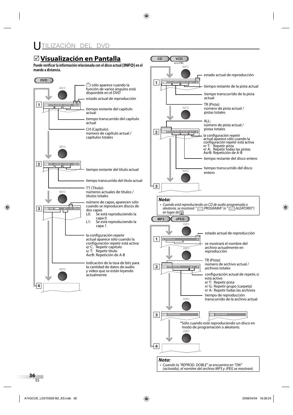 Tilización del dvd, Visualización en pantalla, Nota | Sylvania LD370SS8 User Manual | Page 84 / 96