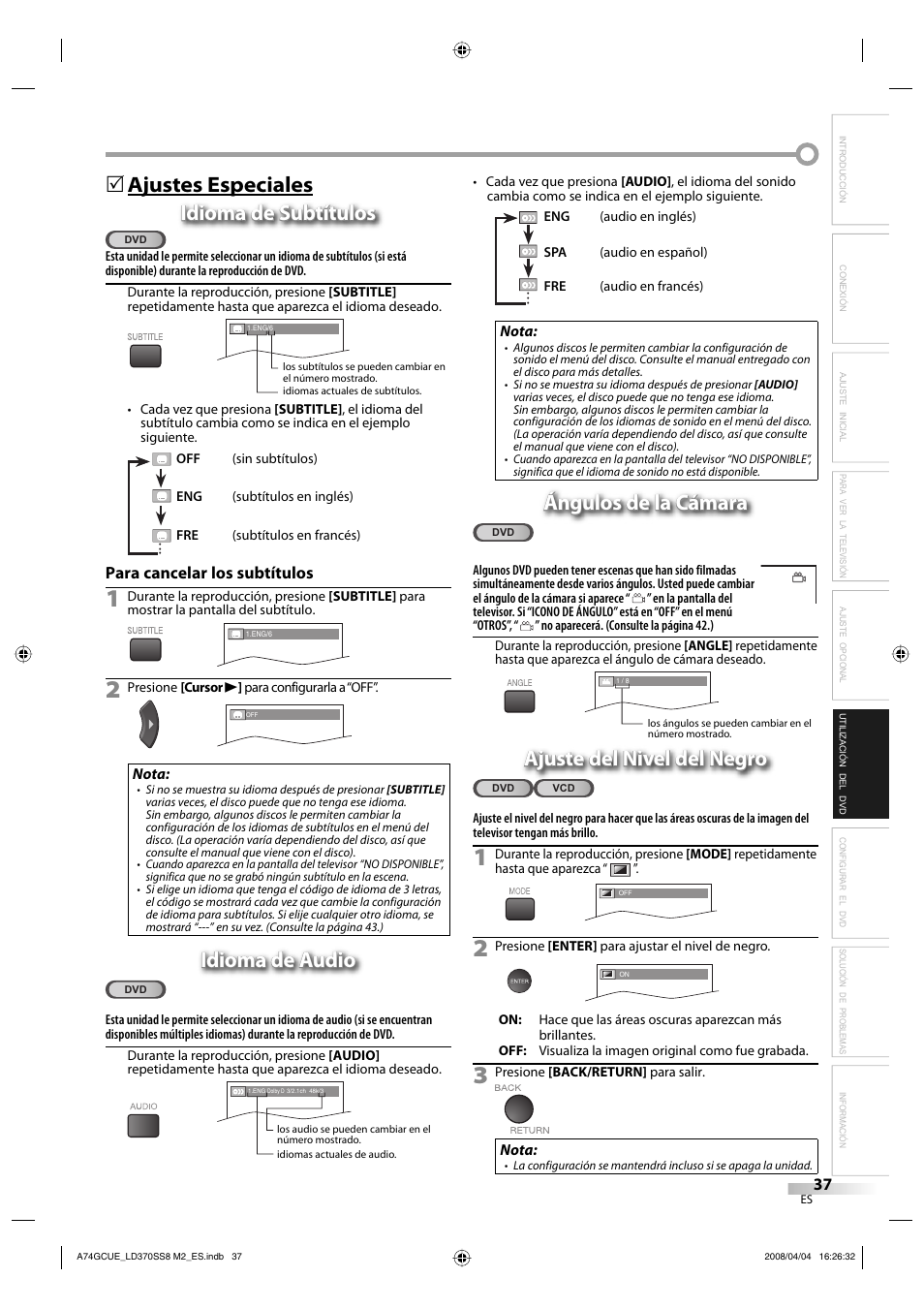 Idioma de audio, Ángulos de la cámara, Ajuste del nivel del negro | Sylvania LD370SS8 User Manual | Page 85 / 96