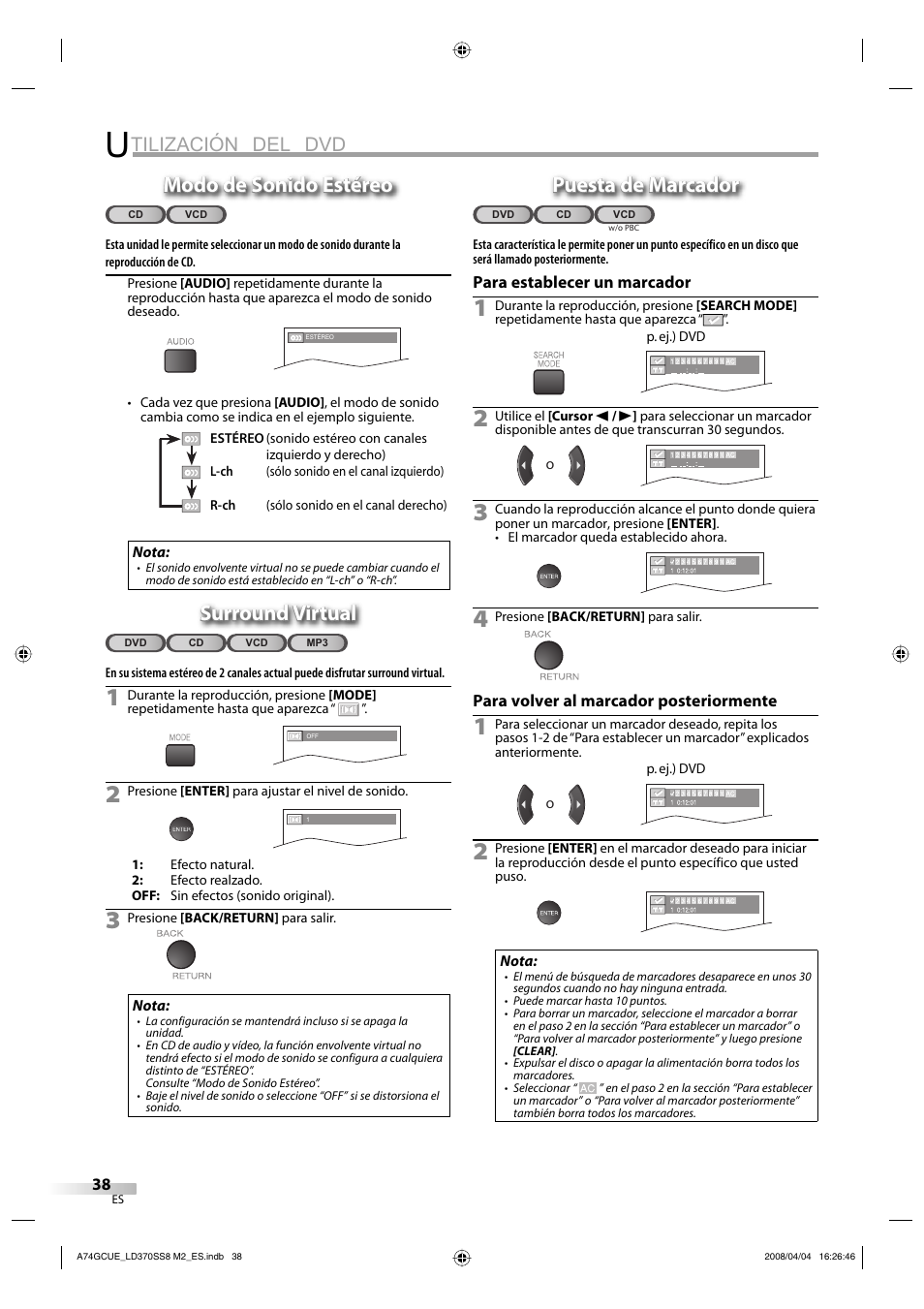 Tilización del dvd, Modo de sonido estéreo, Surround virtual | Puesta de marcador | Sylvania LD370SS8 User Manual | Page 86 / 96