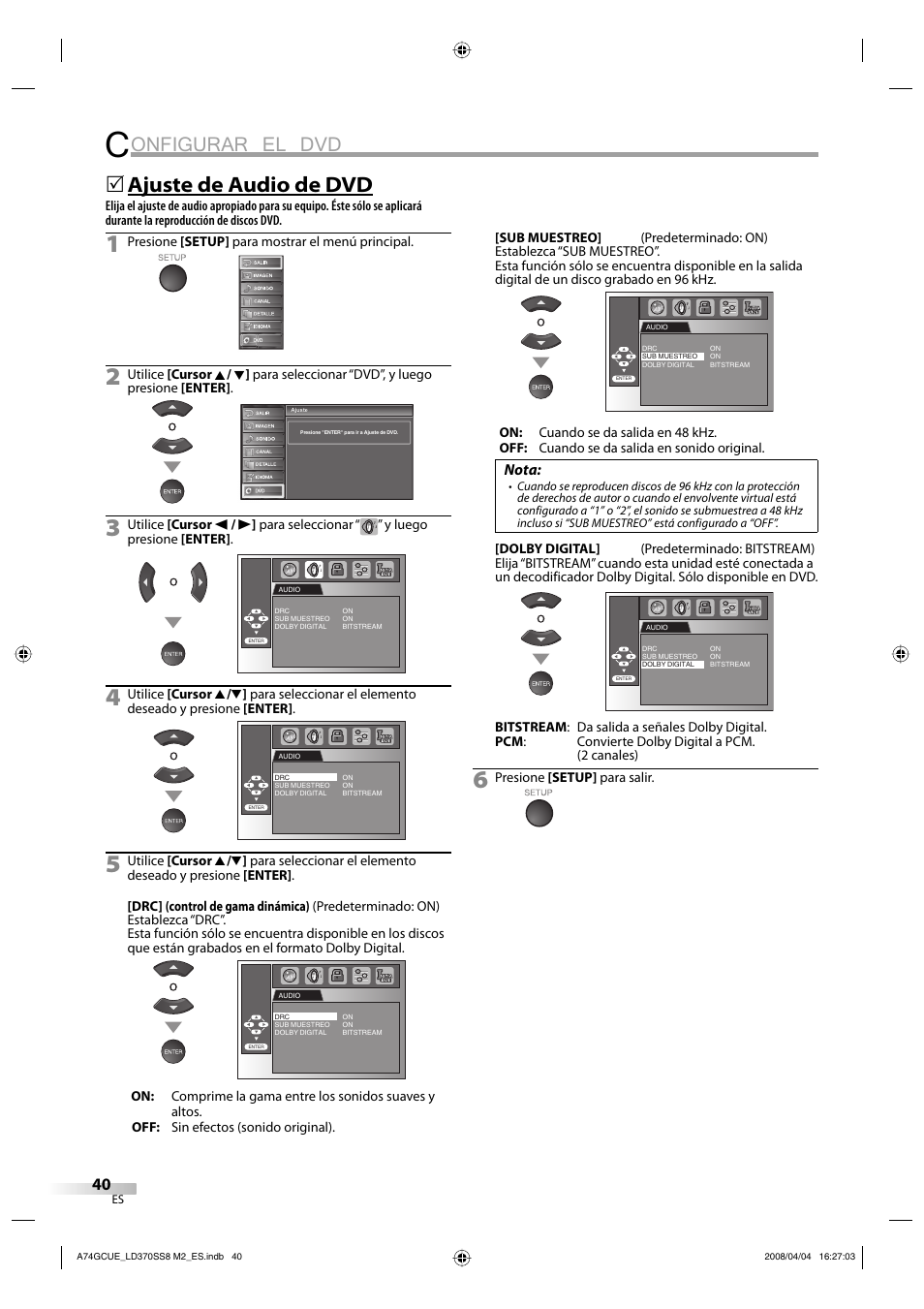 Onfigurar el dvd, Ajuste de audio de dvd, Nota | Sylvania LD370SS8 User Manual | Page 88 / 96