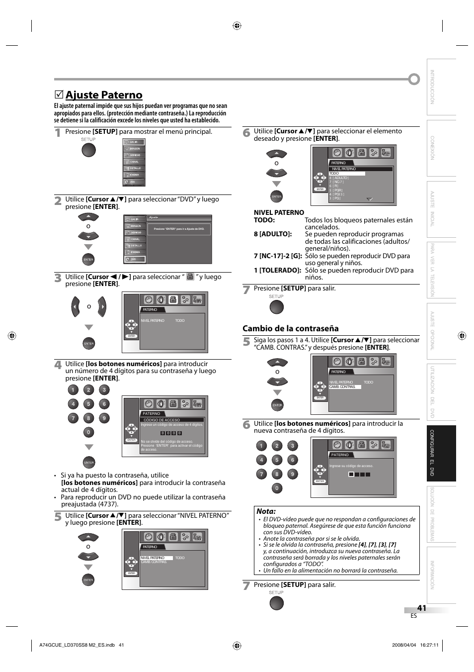 Ajuste paterno, Cambio de la contraseña, Nota | Sylvania LD370SS8 User Manual | Page 89 / 96