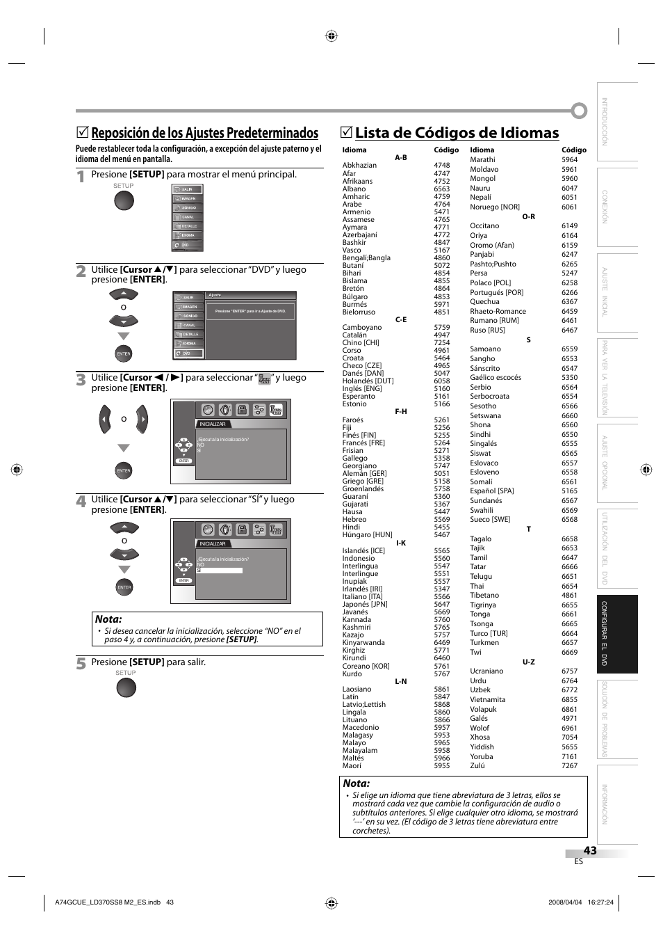 Lista de códigos de idiomas 5, Reposición de los ajustes predeterminados 5, Nota | Sylvania LD370SS8 User Manual | Page 91 / 96