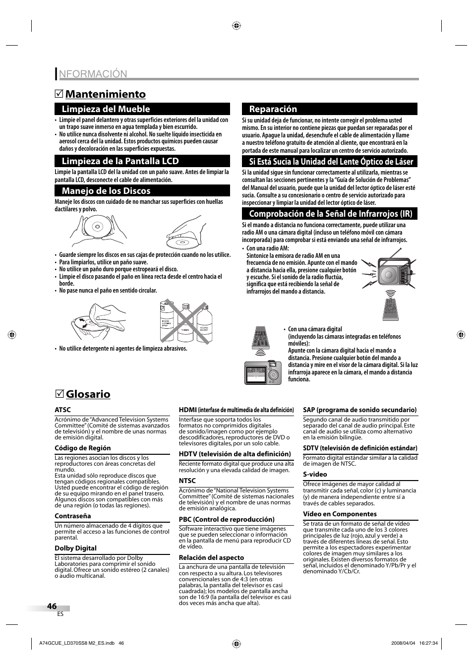 Nformación, Mantenimiento 5, Glosario 5 | Limpieza del mueble, Limpieza de la pantalla lcd, Manejo de los discos, Reparación, Si está sucia la unidad del lente óptico de láser, Comprobación de la señal de infrarrojos (ir) | Sylvania LD370SS8 User Manual | Page 94 / 96