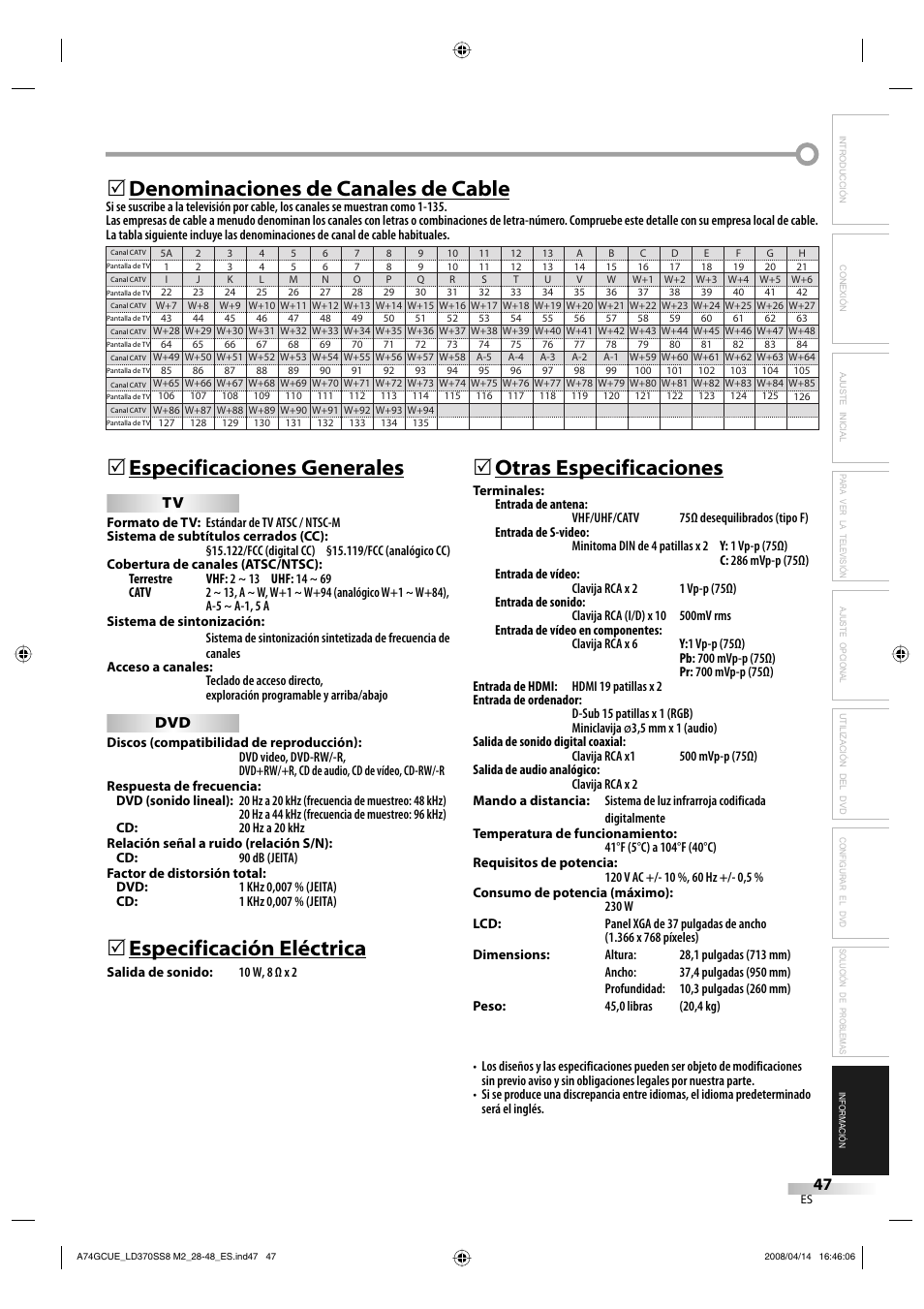 Especificación eléctrica, 5otras especificaciones | Sylvania LD370SS8 User Manual | Page 95 / 96