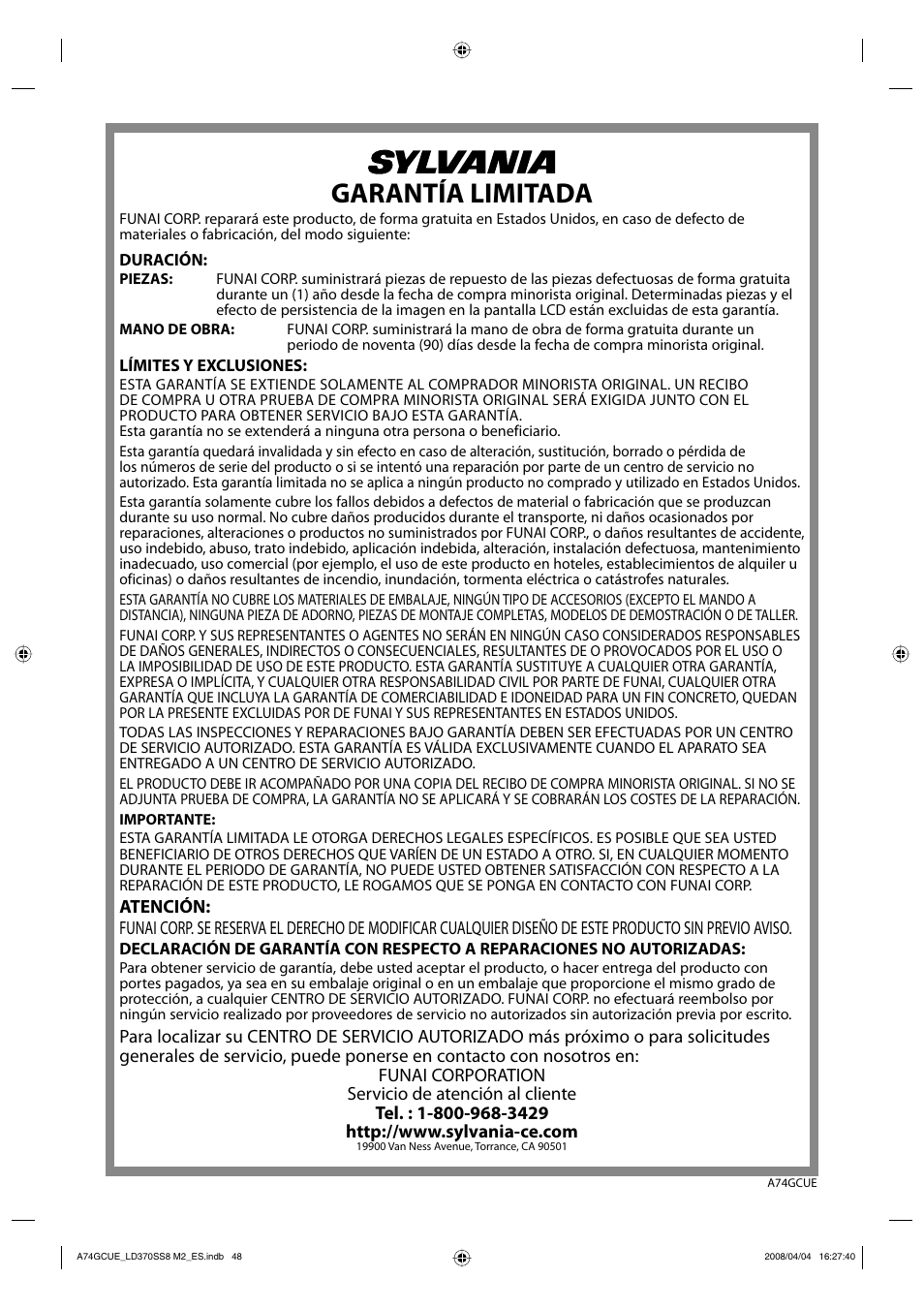 Garantía limitada | Sylvania LD370SS8 User Manual | Page 96 / 96