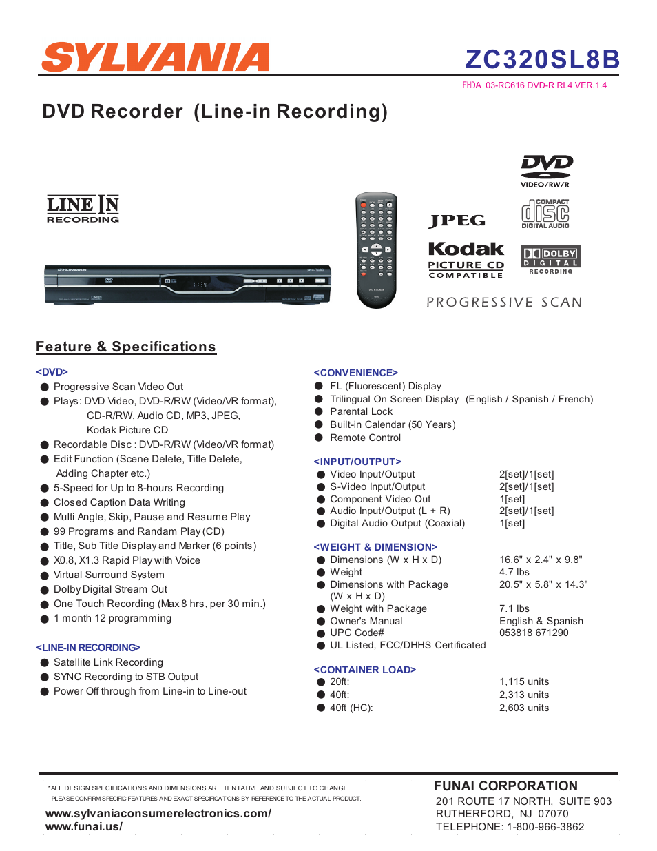 Sylvania ZC320SL8B User Manual | 1 page