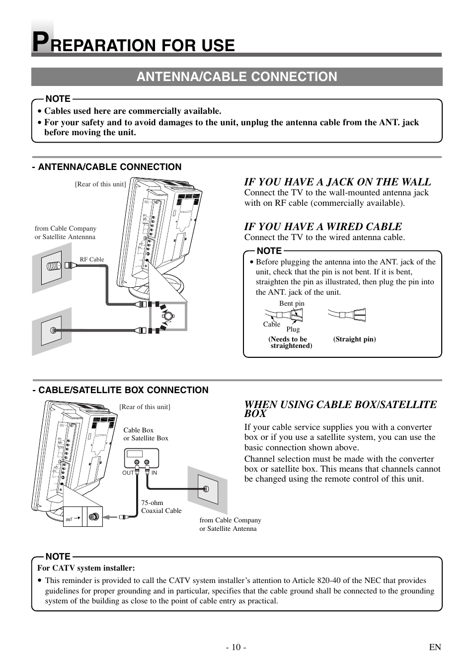 Reparation for use, Antenna/cable connection, If you have a jack on the wall | If you have a wired cable, When using cable box/satellite box | Sylvania 6615LDF User Manual | Page 10 / 48