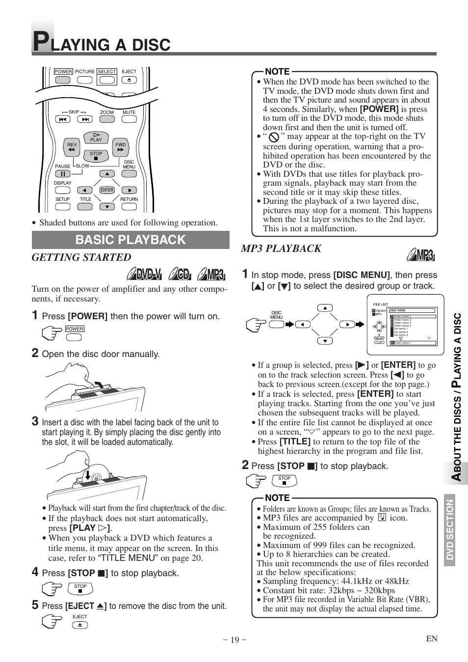 Laying a disc, Basic playback, Getting started | Mp3 playback | Sylvania 6615LDF User Manual | Page 19 / 48