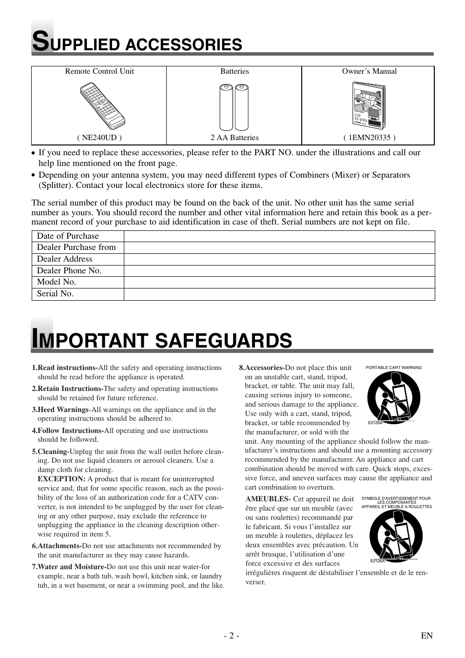 Mportant safeguards, Upplied accessories | Sylvania 6615LDF User Manual | Page 2 / 48
