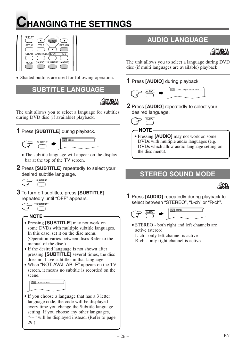 Hanging the settings, Audio language subtitle language, Stereo sound mode | Sylvania 6615LDF User Manual | Page 26 / 48